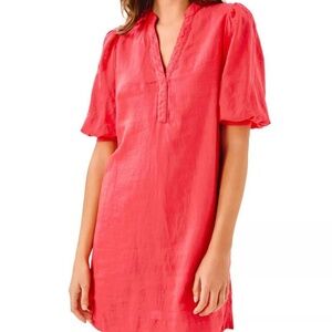 Lilly Pulitzer Mialeigh Linen Dress Cane Coral Size 12 Puff Sleeve Popover